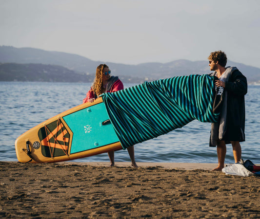 Elegant Premium SUP Sock Paddle Board Bag designed for 11.2ft boards, showcasing its soft and protective features with a luxurious towelling material.