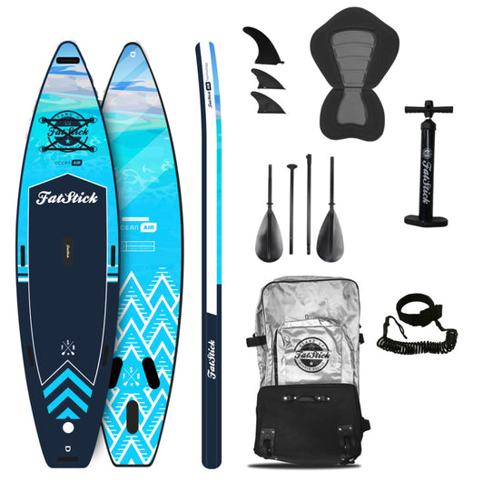 High-quality image of the FatStick luxury inflatable SUP package highlighting its adaptive kayak seat and versatility for paddle boarding and kayaking.