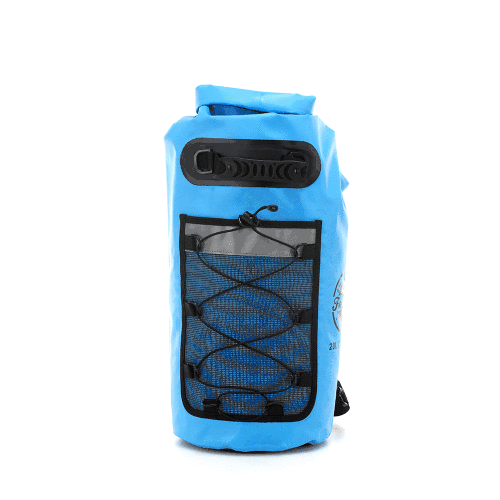 Luxury 20L FatStick Dry Bag in Open Blue, showcasing waterproof design with double shoulder straps, perfect for paddle boarding and beach outings.