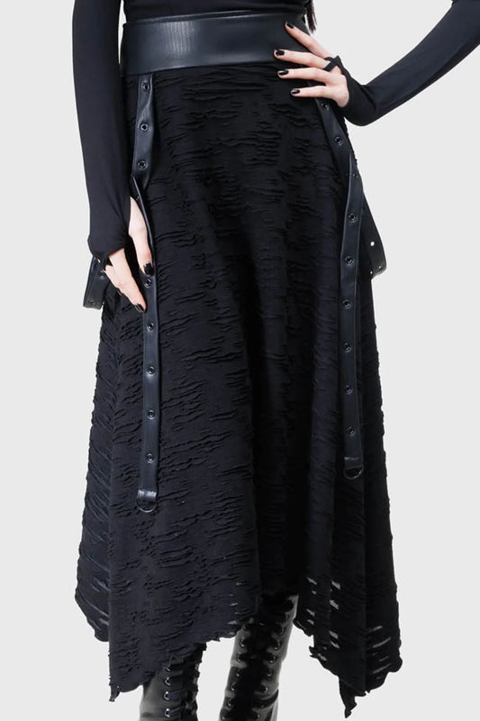Killstar Gloomara Textured Jersey Skirt showcasing a dramatic pointed hem and statement straps, epitomising gothic elegance and luxury fashion.