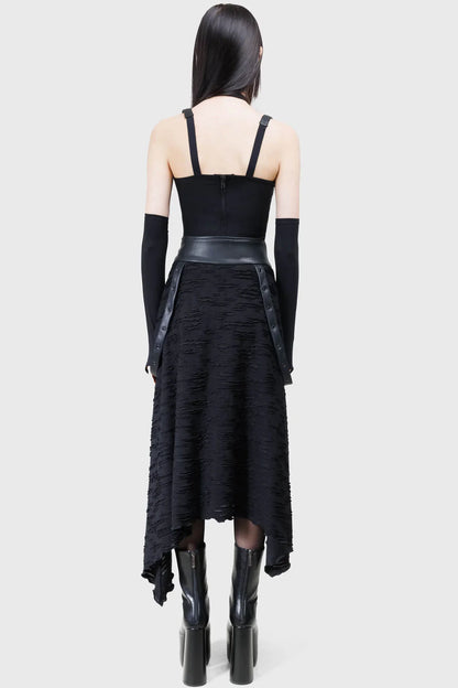 Elegant gothic fashion piece, the Killstar Gloomara Textured Jersey Skirt showcases a dramatic pointed hem and statement straps, perfect for alternative styles.