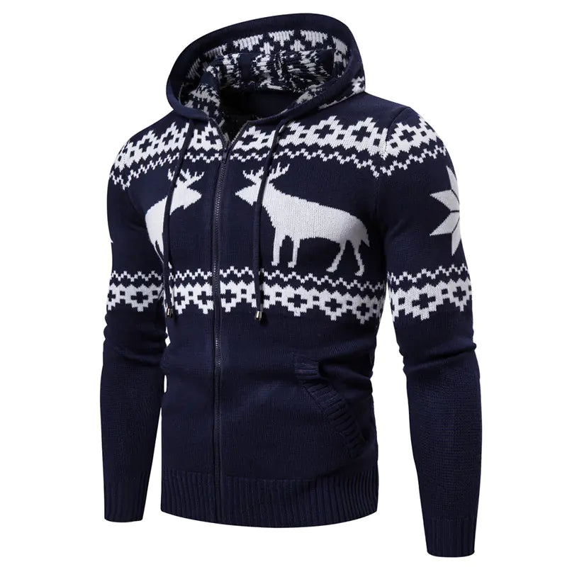 Artistic view of Men’s Christmas Reindeer Knit Zipper Hoodie, showcasing its exquisite craftsmanship and festive motifs.