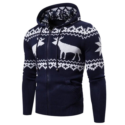 Artistic view of Men’s Christmas Reindeer Knit Zipper Hoodie, showcasing its exquisite craftsmanship and festive motifs.