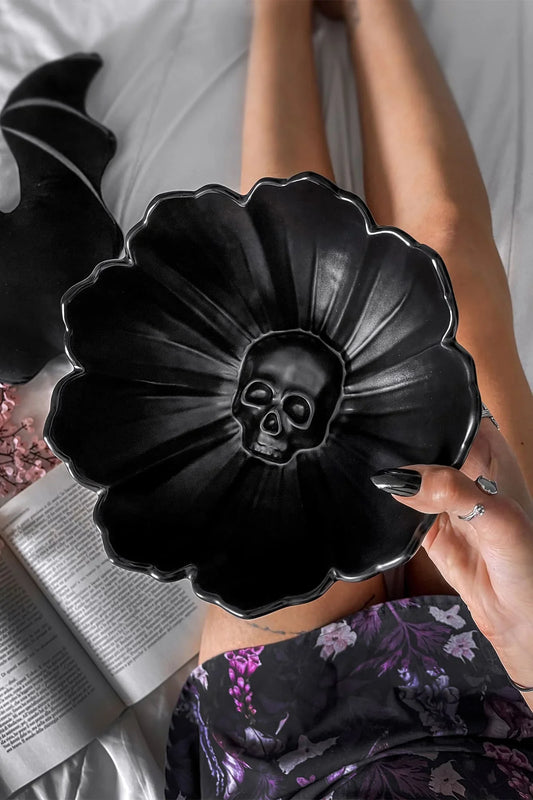 Killstar Grim Blossom 21cm ceramic bowl showcasing a gothic floral skull design in matte black, perfect for elegant gothic kitchen decor.
