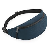Detailed view of a luxury recycled polyester waistpack highlighting the spacious main compartment and zippered rear pocket for practical storage.