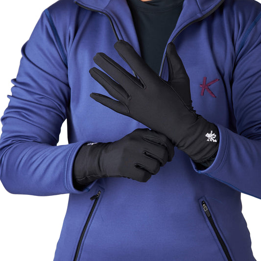Elegant close-up of KYMIRA infrared glove liners showcasing high-quality design and material for ultimate warmth.