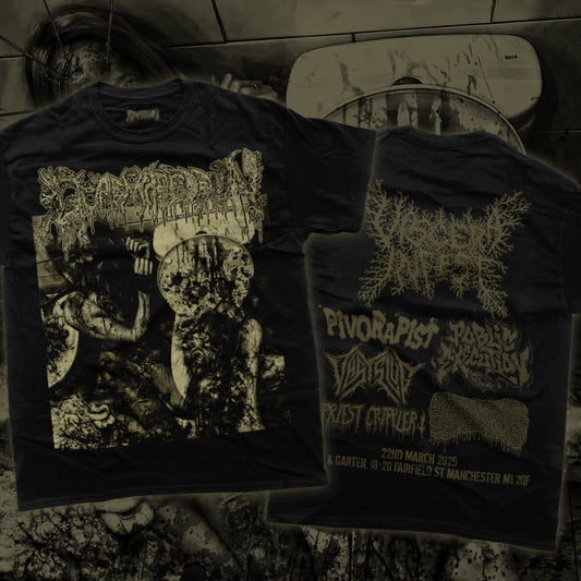 Luxury Goremageddon 2025 Lineup T-Shirt by Rancid Offal Records featuring vibrant screen-printed artwork on a Gildan Heavy tee, showcasing the festival lineup on the back.