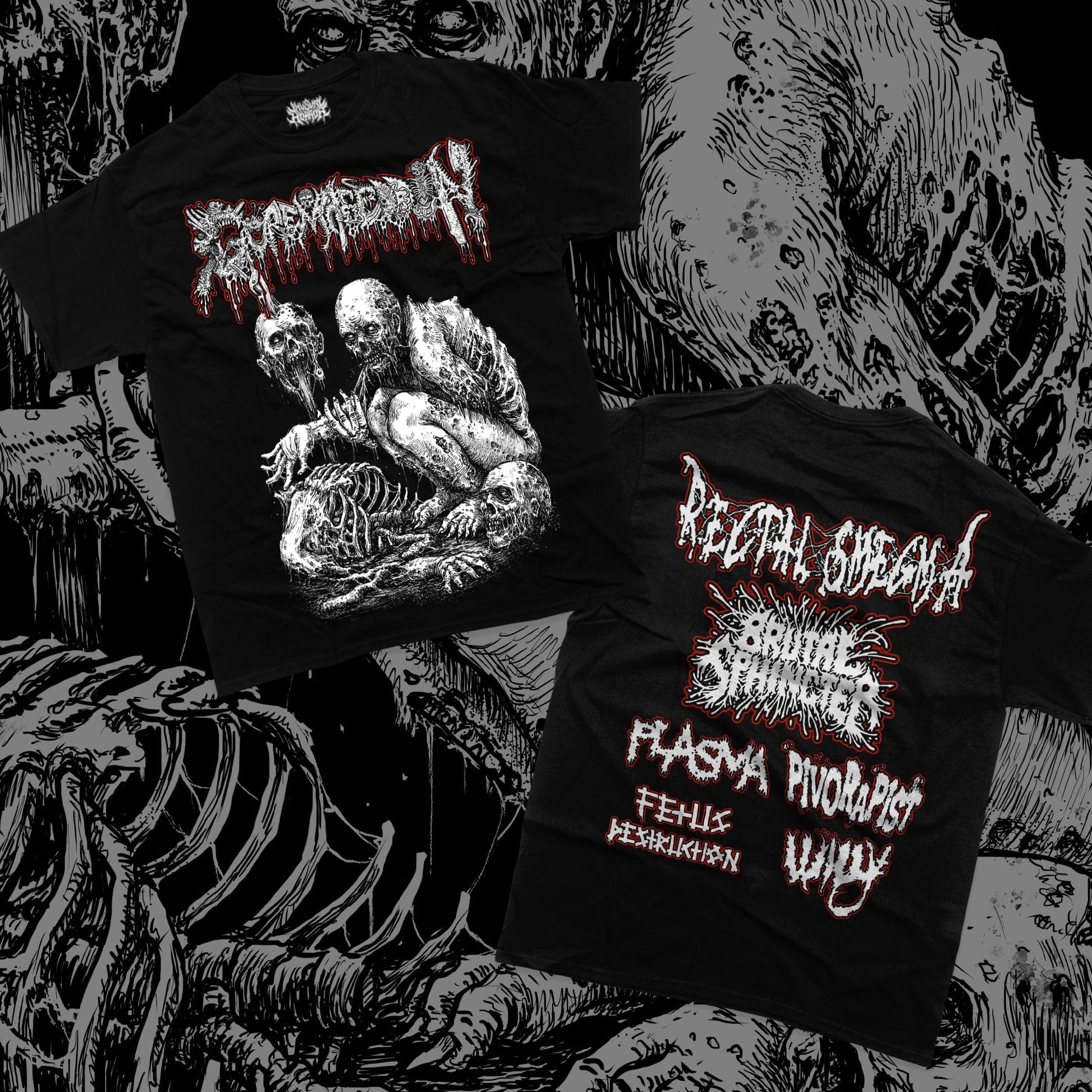 Goremageddon 2024 lineup t-shirt featuring exclusive artwork by T-Six Illustrations, sourced from Rancid Offal Records, perfect for music enthusiasts and collectors.