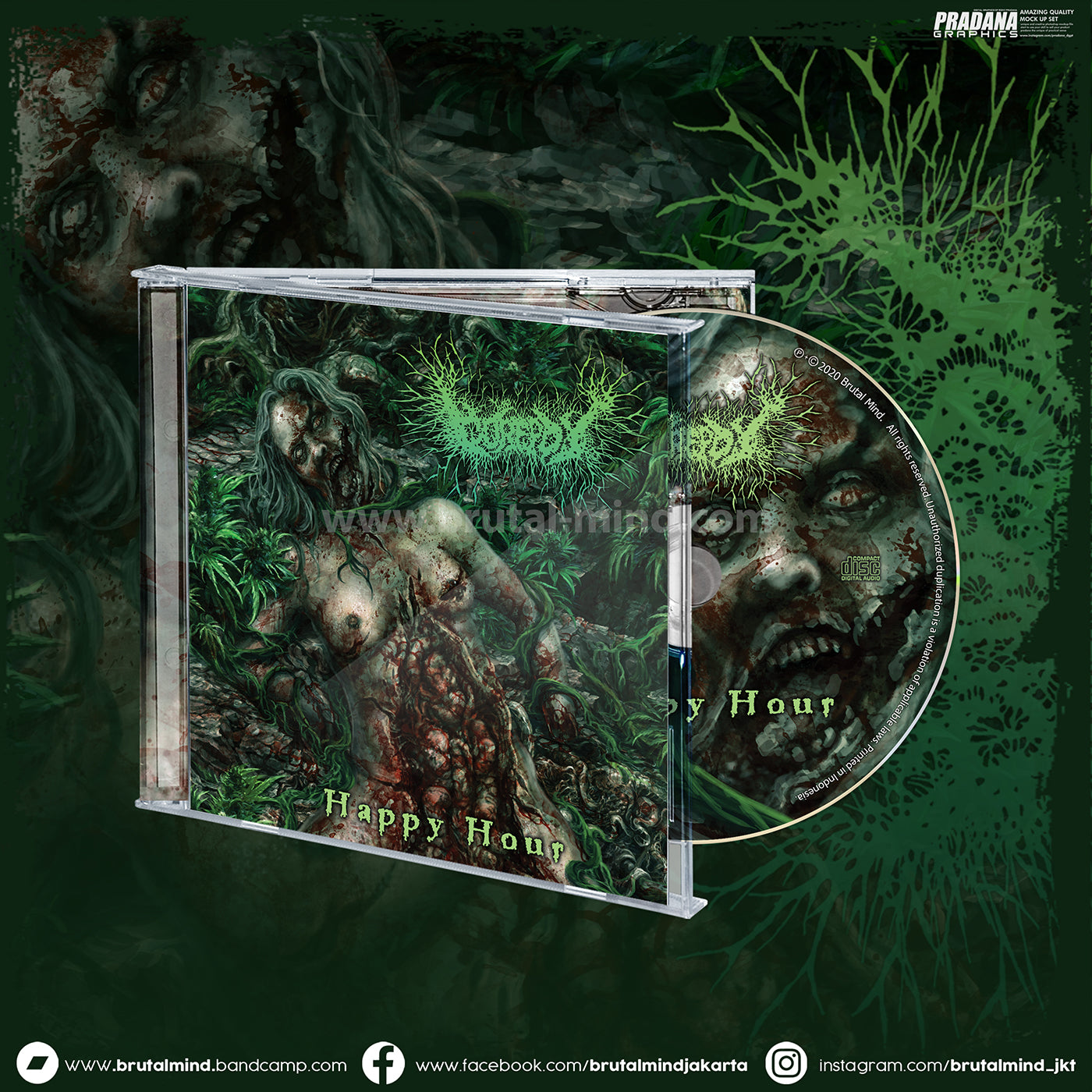 Gorepot Happy Hour CD cover art by Rancid Offal Records, showcasing a striking design that captures the essence of death metal genre with a touch of humour.