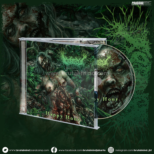 Gorepot Happy Hour CD cover art by Rancid Offal Records, showcasing a striking design that captures the essence of death metal genre with a touch of humour.