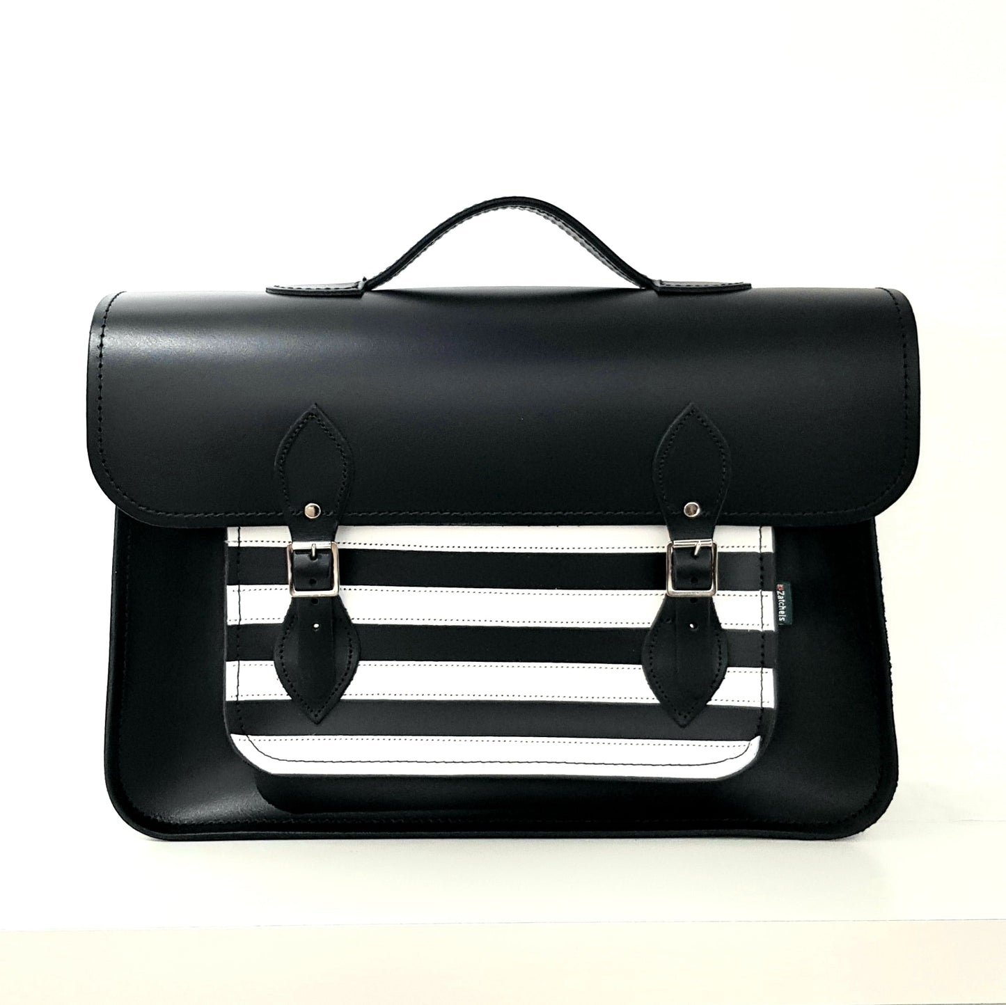 Elegant Gothic Striped Handmade Leather Satchel in black and white, showcasing a classic design with artisanal craftsmanship, ideal for fashion-forward individuals.