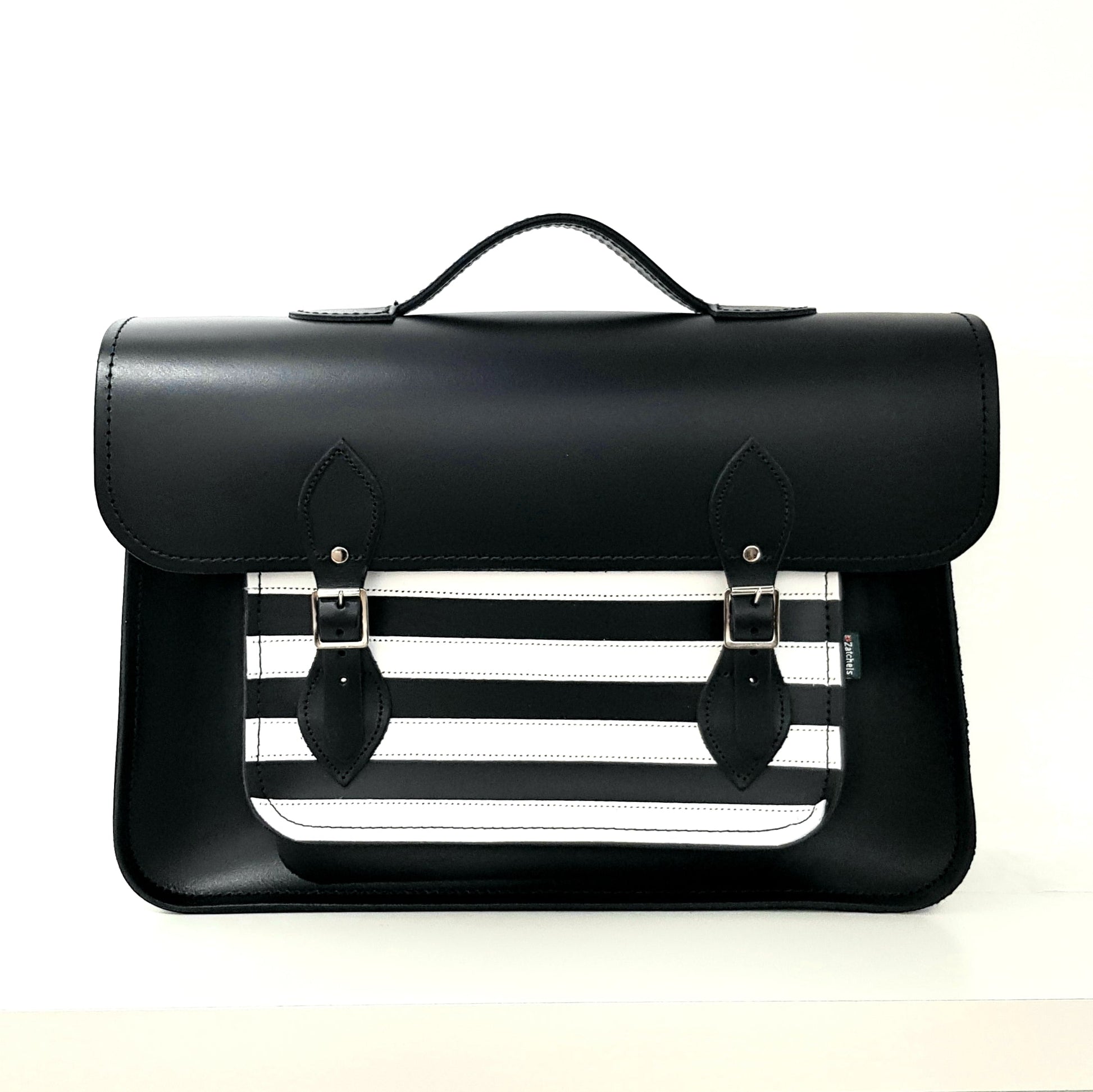 Elegant Gothic Striped Handmade Leather Satchel in black and white, showcasing a classic design with artisanal craftsmanship, ideal for fashion-forward individuals.