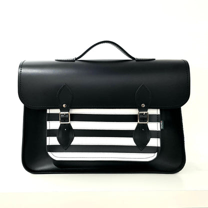Elegant Gothic Striped Handmade Leather Satchel in black and white, showcasing a classic design with artisanal craftsmanship, ideal for fashion-forward individuals.