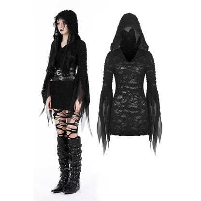 Hattie Hooded Dress by Dark In Love showcasing its gothic fitted silhouette with flared sleeves and a distressed finish, perfect for a luxurious dark fashion statement.