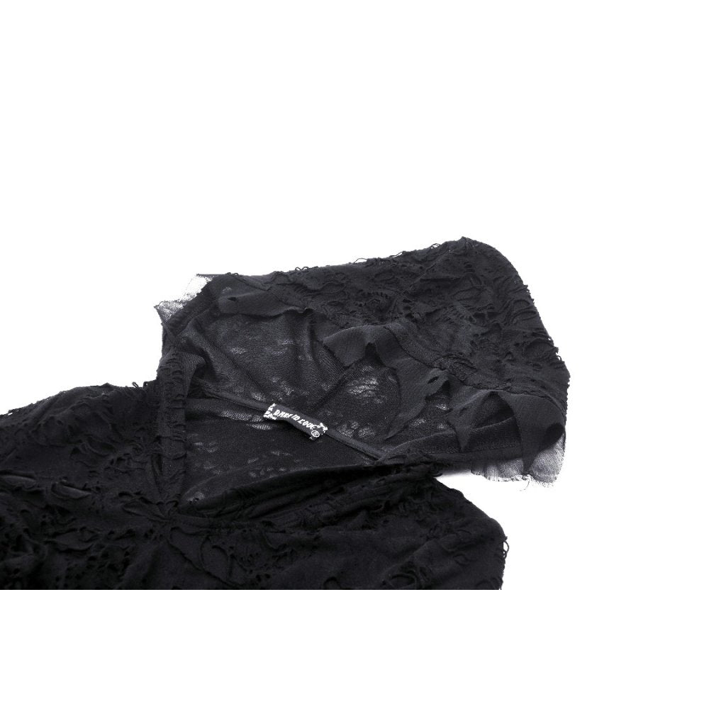 Close-up of the distressed detailing on the Hattie Hooded Dress, emphasising its luxurious gothic aesthetic and unique fabric texture.