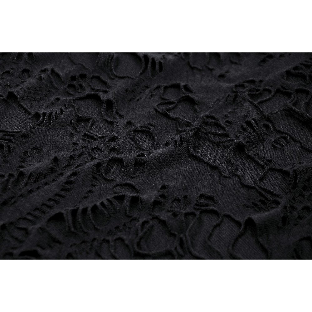 Full view of the Hattie Hooded Dress on display, highlighting its sophisticated hood, dramatic flared sleeves, and overall gothic charm.