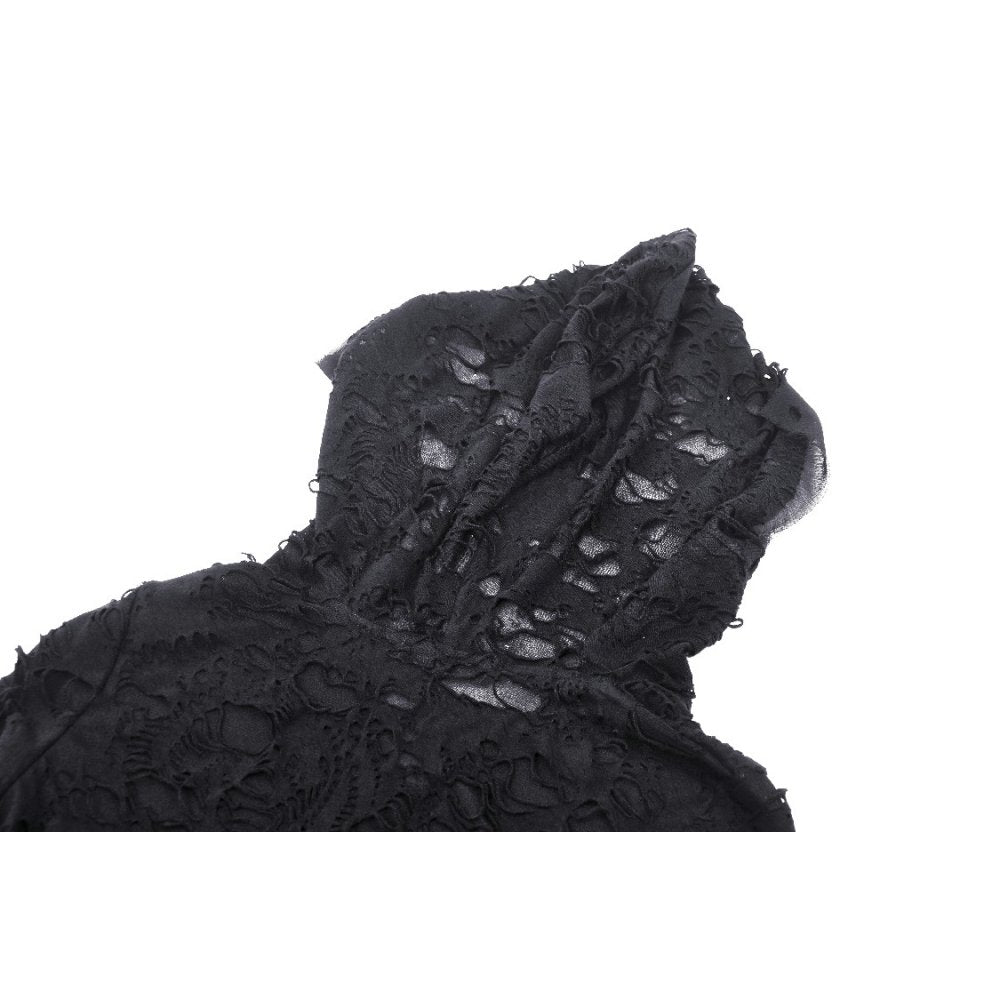 Elegant Hattie Hooded Dress by Dark In Love showcasing a gothic fitted style with flared sleeves and a distressed look, perfect for dark fashion enthusiasts.