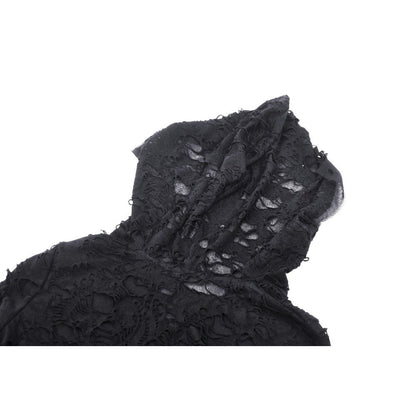 Elegant Hattie Hooded Dress by Dark In Love showcasing a gothic fitted style with flared sleeves and a distressed look, perfect for dark fashion enthusiasts.