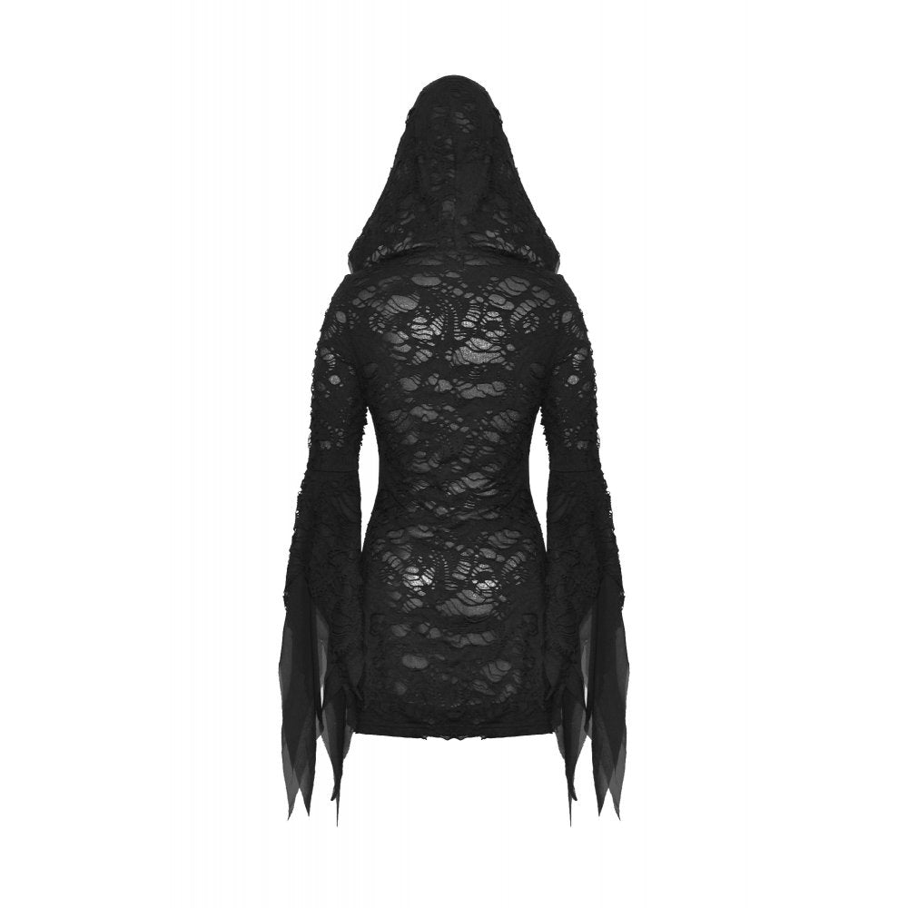 Full-length shot of the Hattie Hooded Dress by Dark In Love, capturing the essence of gothic elegance with a unique distressed finish.