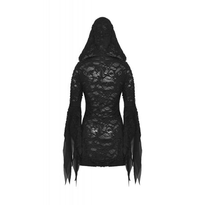 Full-length shot of the Hattie Hooded Dress by Dark In Love, capturing the essence of gothic elegance with a unique distressed finish.