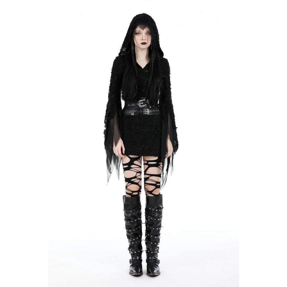 Stylish model wearing the Hattie Hooded Dress from Dark In Love, featuring a hood and distressed design, paired with the Haisley Corset Belt for a luxurious gothic silhouette.