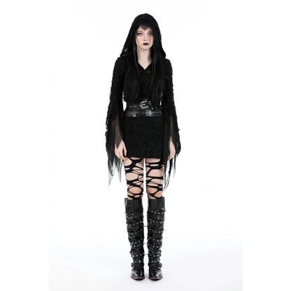Stylish model wearing the Hattie Hooded Dress from Dark In Love, featuring a hood and distressed design, paired with the Haisley Corset Belt for a luxurious gothic silhouette.