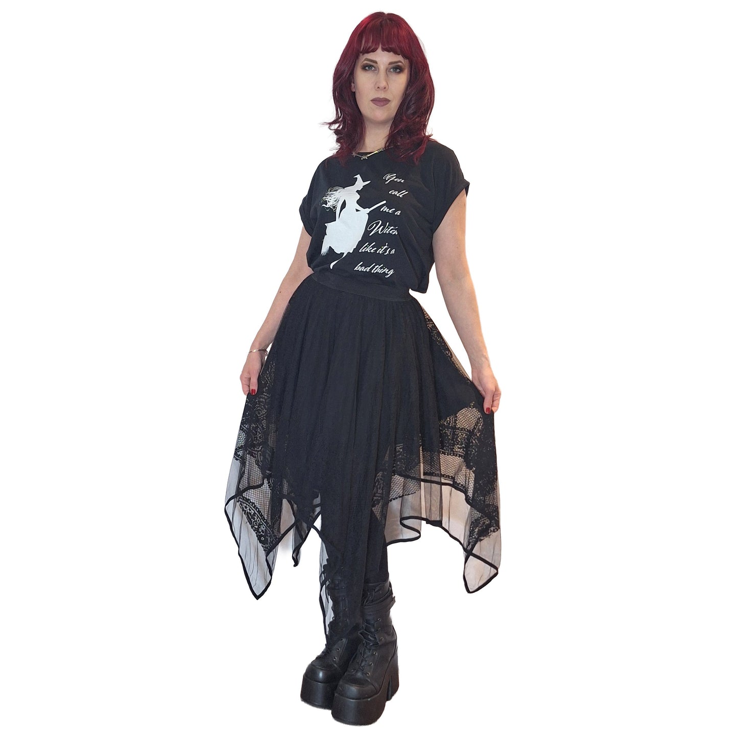 Punk Rave Caitlyn Handkerchief Skirt showcasing luxurious mesh and lace detailing, featuring an embroidered waistband, ideal for gothic elegance and versatile fashion styling.