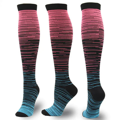 Dazzling Dreams Studio Men's and Women's activewear Flightwear Compression Stockings showcasing a vibrant pink and blue gradient, seamlessly combining style and functionality for the ultimate sports performance.