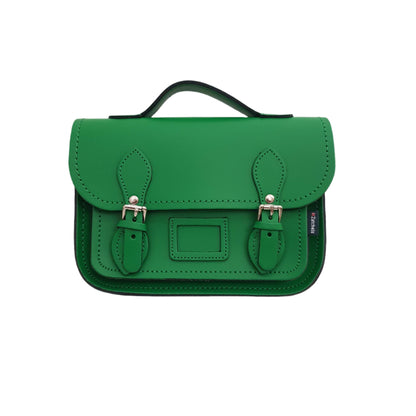 Handmade green leather midi satchel featuring adjustable and detachable strap, showcasing elegant craftsmanship and luxurious design