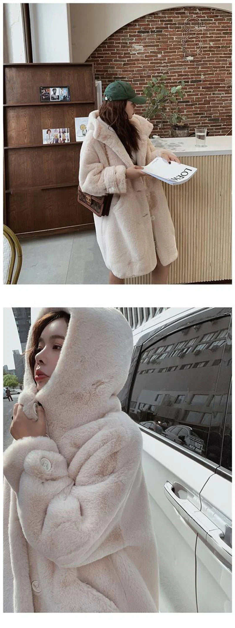 An elegant women's hooded faux rabbit fur coat displayed with pockets, epitomising warmth and style for the winter season.