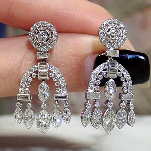 Huitan Vintage Silver Plated Drop Earrings featuring intricate geometric design with sparkling cubic zirconia stones, ideal for elegant women's fashion accessories.