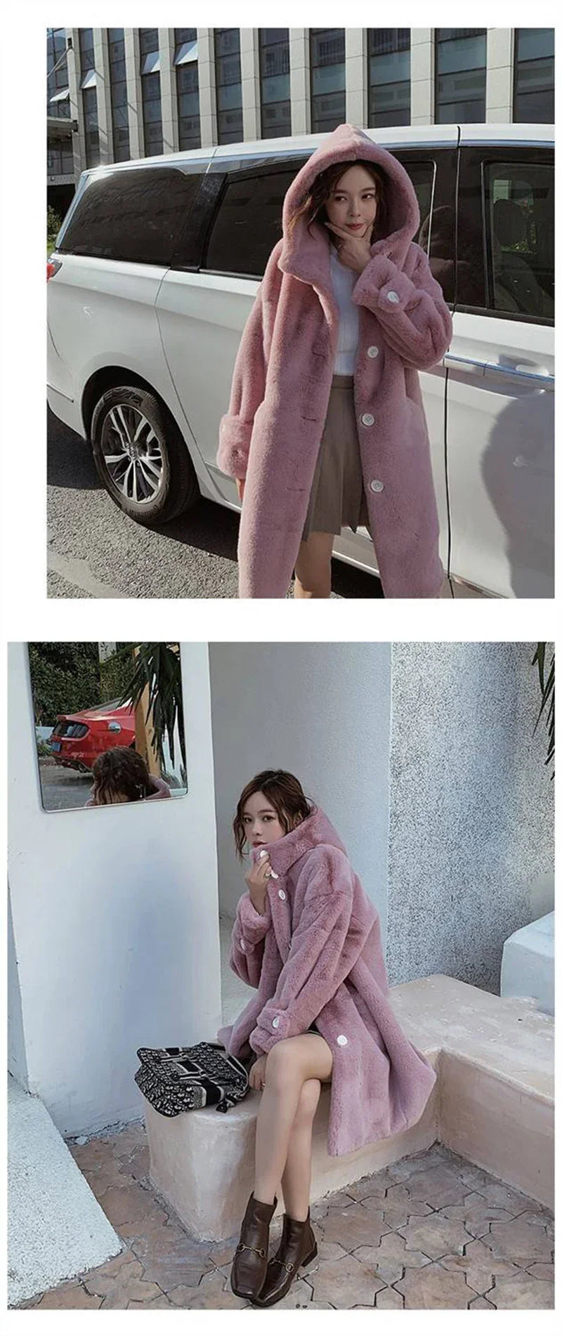 Close-up of luxurious faux fur material showcasing the rich texture of the women's hooded winter coat, perfect for a sophisticated look.