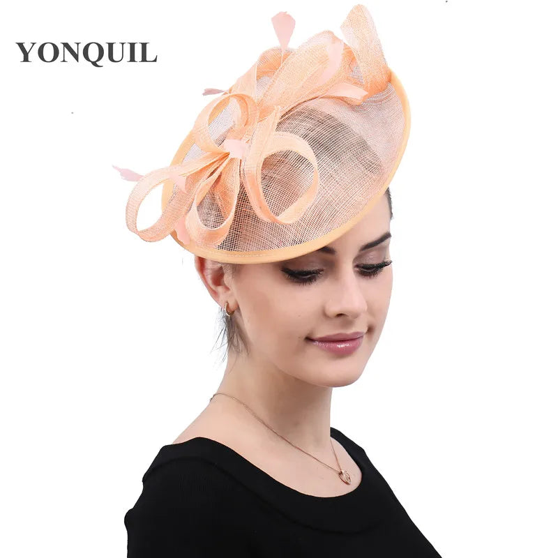 Luxurious women's sinamay hat, elegantly adorned for derby parties and weddings, featuring a flattering headband for an exquisite look.