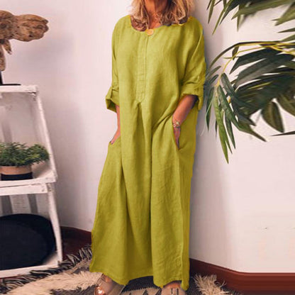 Elegant ankle-length women's kaftan dress featuring a loose fit, ideal for a relaxed summer look, styled in a rich solid hue.
