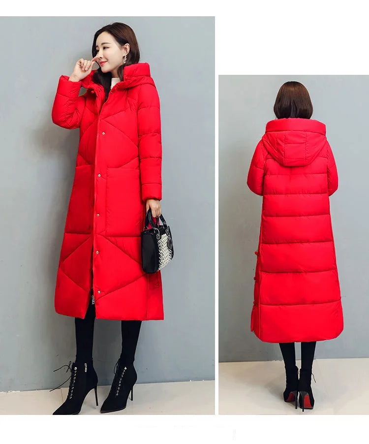 Luxury women's thick cotton padded hooded jacket, showcasing exquisite windproof long snow outerwear in elegant design.
