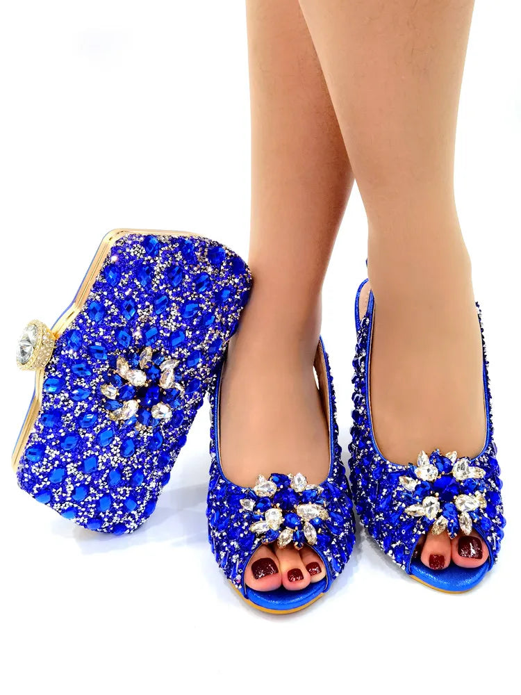 High-quality blue leather shoe and bag set for women, encapsulating elegance and style for special outings and events.