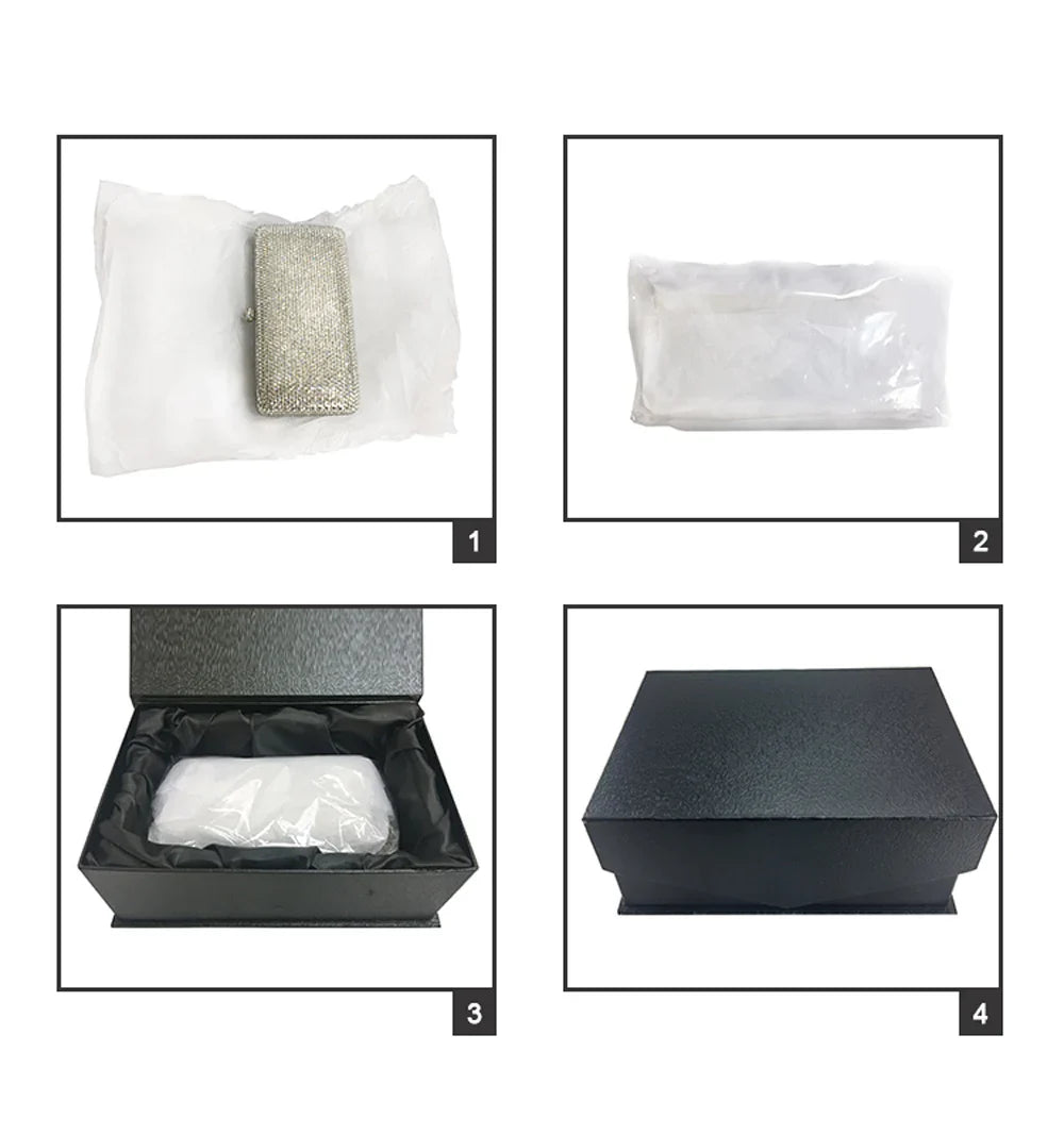 Luxury women's crystal clutch evening bag with diamond decoration, perfect for parties and special occasions, showcasing an elegant minaudiere design.