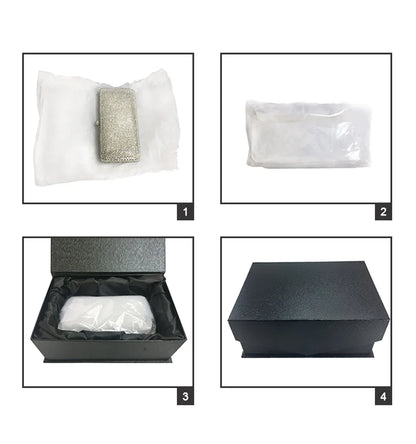 Luxury women's crystal clutch evening bag with diamond decoration, perfect for parties and special occasions, showcasing an elegant minaudiere design.