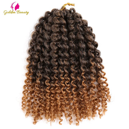 Close-up view of Golden Beauty's 8 inch Afro Kinky Twist Crochet Braids, highlighting the intricate curls and luxurious ombre effect for an eye-catching hairstyle.