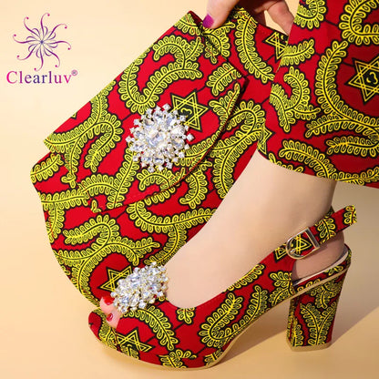 Elegant red African matching shoes and bags set for women, featuring slip-on peep toe summer sandals adorned with crystals.