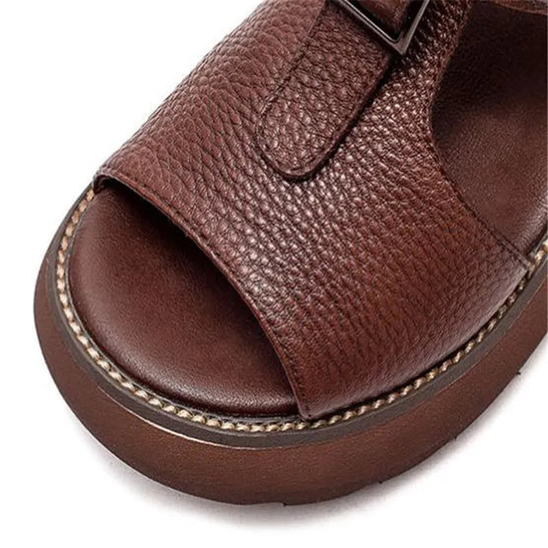 Sophisticated Women's Genuine Leather Sandals with Square Heel, ideal for summer outings and casual elegance.