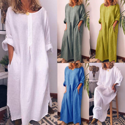 Sophisticated ankle-length cotton kaftan dress with a flattering A-line silhouette for women.
