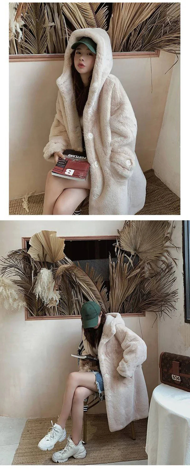 Chic women's plush faux rabbit fur coat draped elegantly, capturing the essence of luxury and sophistication for winter wear.