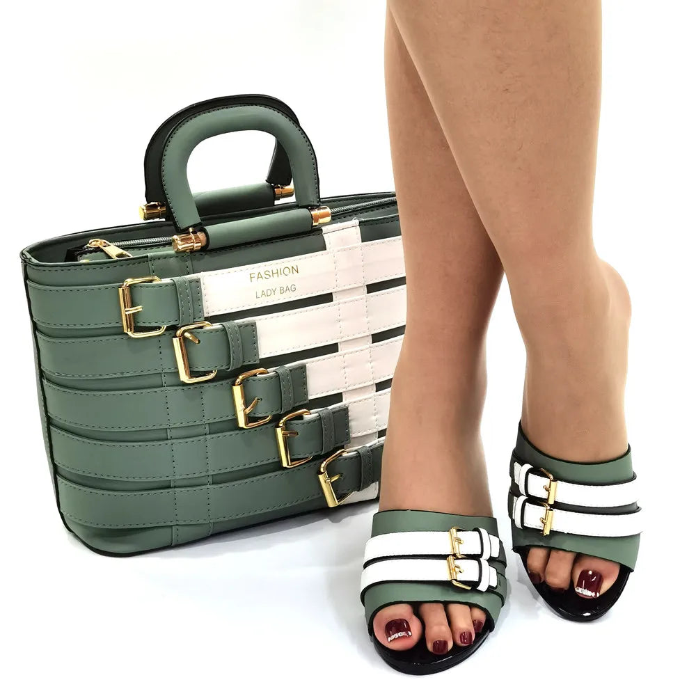 Sophisticated Nigerian women's shoe and bag ensemble in a tasteful gingham pattern, displaying versatility for various formal events.