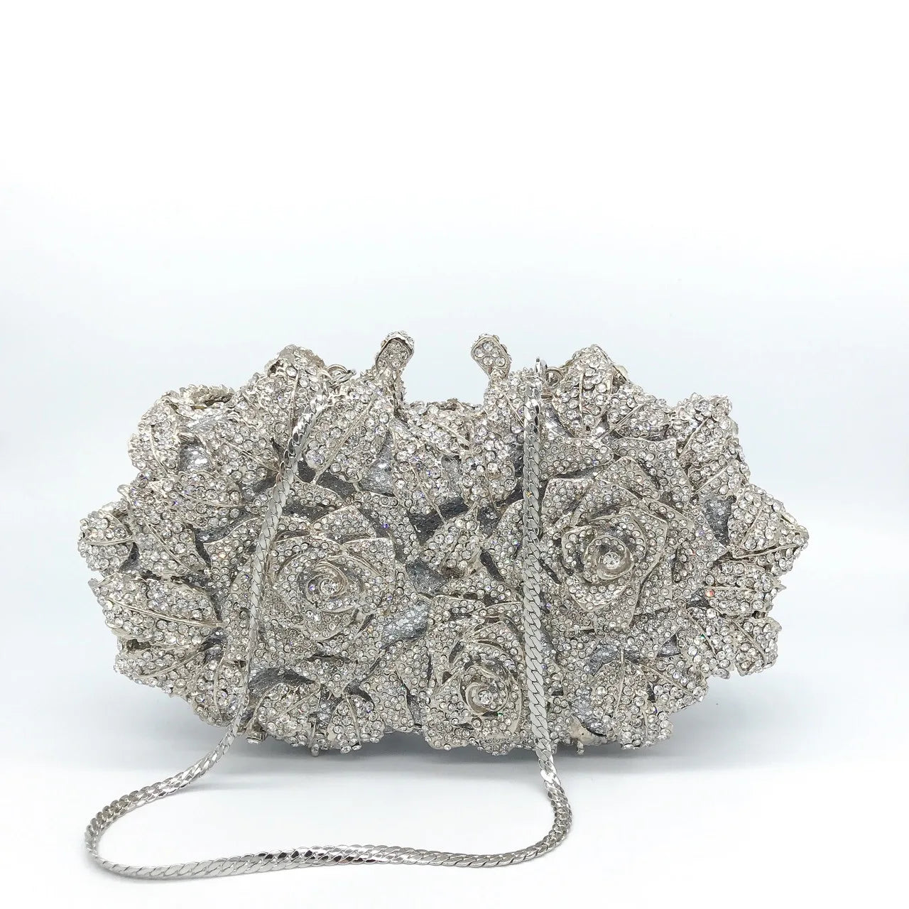Luxurious women's metallic leather minaudière clutch evening purse embellished with sparkling crystals, perfect for elegant occasions.