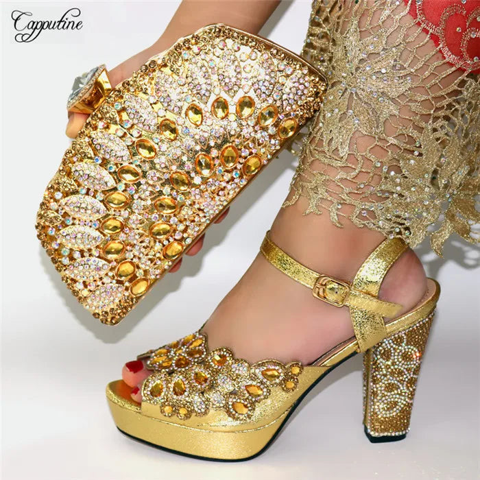 Elegant luxury gold high heel sandals featuring 11.5cm spike heels and intricate crystal embellishments, perfect for upscale parties.