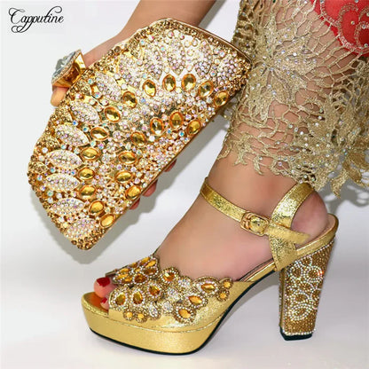 Elegant luxury gold high heel sandals featuring 11.5cm spike heels and intricate crystal embellishments, perfect for upscale parties.