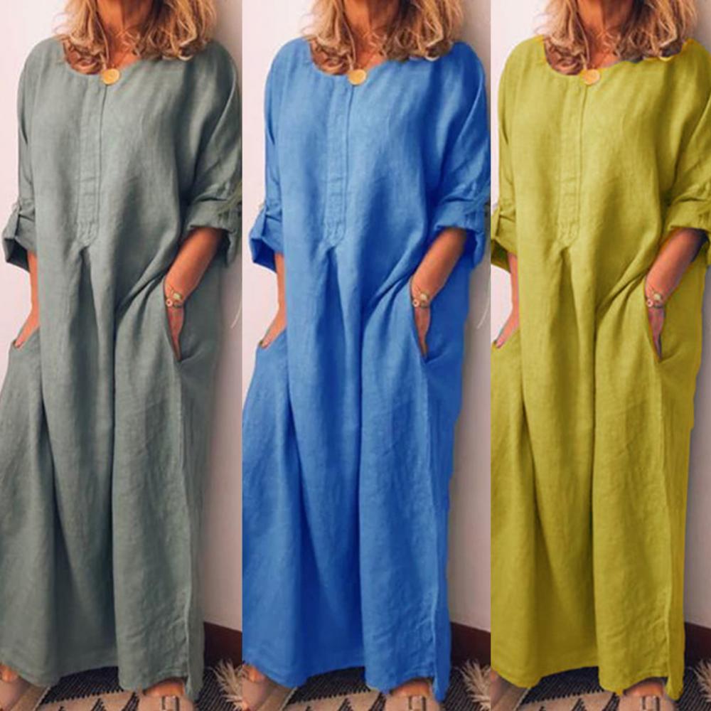 Elegant women's oversized solid colour maxi dress in a luxurious cotton fabric, perfect for casual summer occasions. Featuring a relaxed fit and ankle-length design.