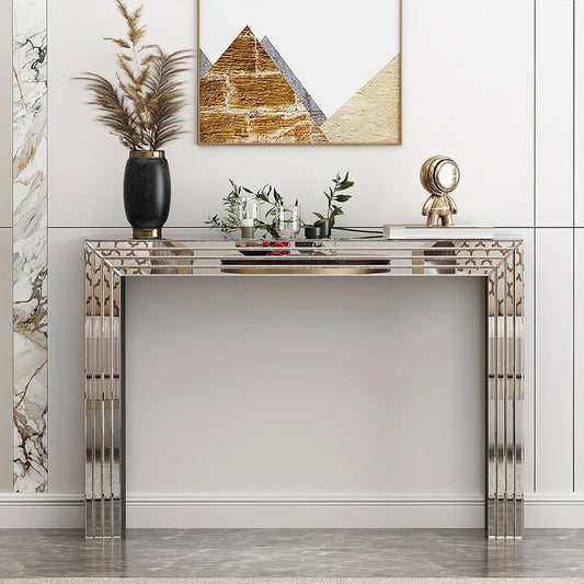 Luxury modern mirrored console table featuring a sleek glass top, ideal for enhancing living room and entryway aesthetics with its contemporary design.