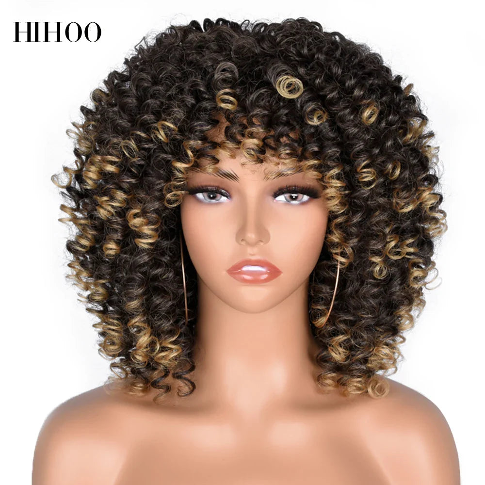 Elegant luxury wig with soft, voluminous curls and bangs, designed for effortless glamour in everyday wear.